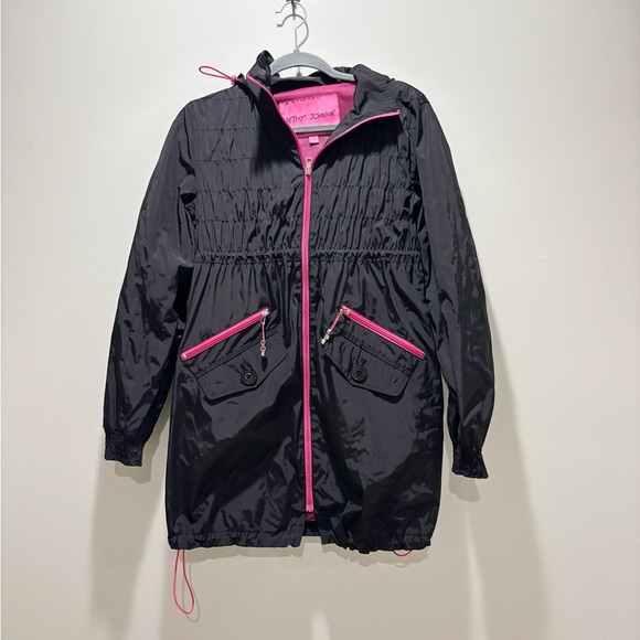 BETSEY JOHNSON • Women’s Black Pink Hooded Cinch Rain Jacket Size Small - Picture 1 of 6
